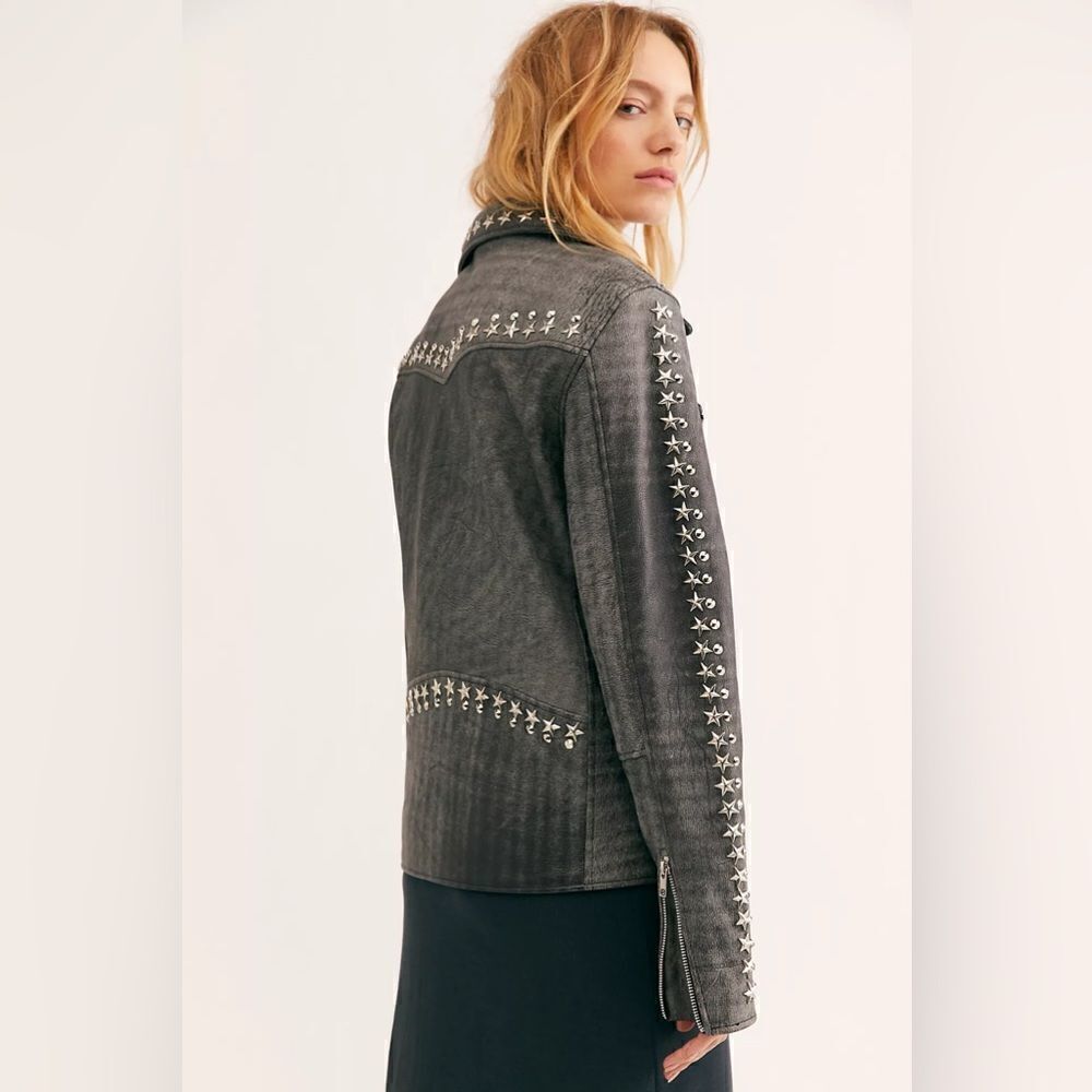 Free People x Understated Leather Star Studded Distressed Jacket - Picture 3 of 10